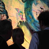 Lionel Playford chatting with leading scientists from the Alfred Wegener Institute, Peter Lemke and Karen Wiltshire infro t of artwork