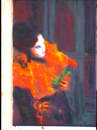 venice carnival, pierrot with gold top, side view