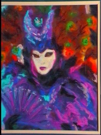 venice carnival, purple figure with peacock feathers