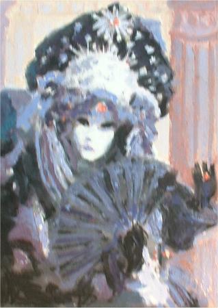 figure in black and purple, half figure, venice carnival