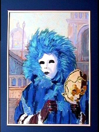 masked figure with blue feathers, venice carnival