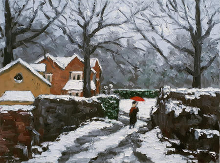 snow scene with red umbrella VI