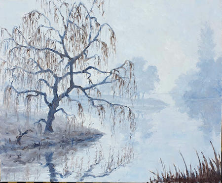 mist on river with willow tree II