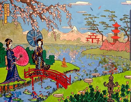 geishas by the lake, ukiyo-e style