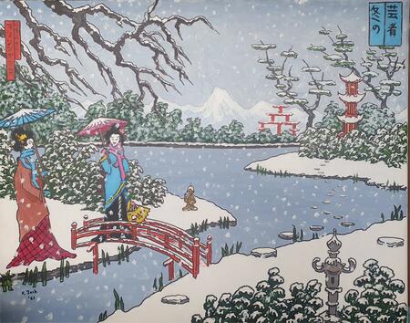 geishas by the lake in winter