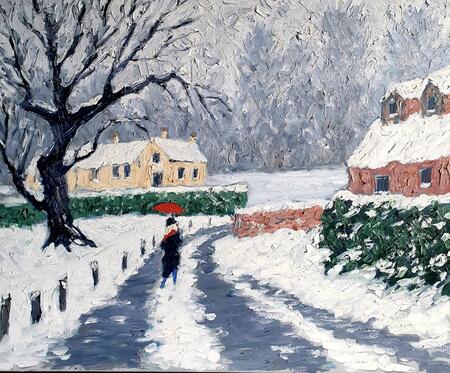 snow scene with red umbrella