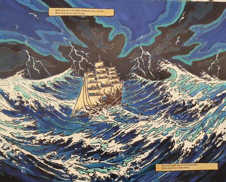 a storm drives the ship south