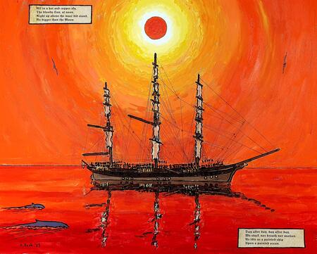 The ship is becalmed in the tropics, with no water to drink