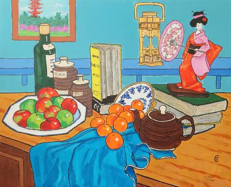 still life with geisha doll and brass lantern