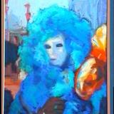 venice carnival figure, blue feather boa