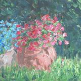 red and blue flowers in pots