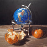 still life IX: two oranges and blue globe
