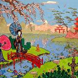 geishas by the lake, ukiyo-e style