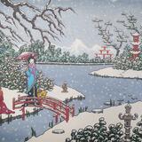 geishas by the lake in winter