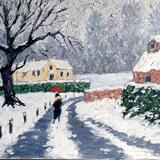 snow scene with red umbrella