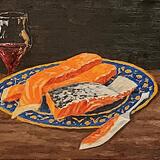 salmon steaks on blue and gold plate, with wine glass