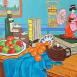still life with geisha doll and brass lantern