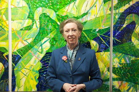 Margaret Beckett, at the opening of the Lister House surgery in Derby, stands in front of a painting by John Thompson, DANCING CRANES, which was donated to the surgery by the Warrack family in 2009