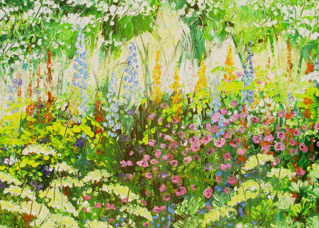 Garden border with light blue delphiniums