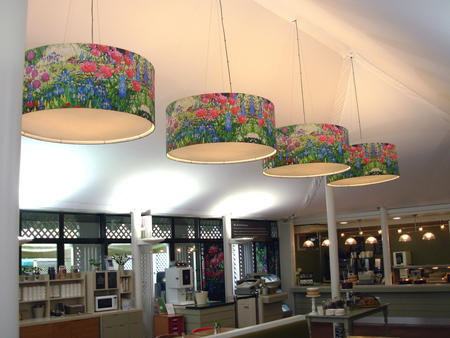The floral drum lampshades in the cafeteria at Nymans Garden