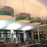 The floral drum lampshades in the cafeteria at Nymans Garden