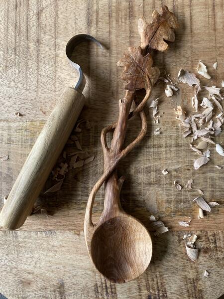 Oak leaves and twig. Carved from Oak