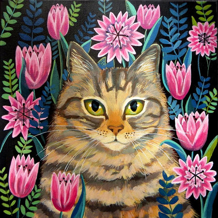 Tabby with flowers SOLD