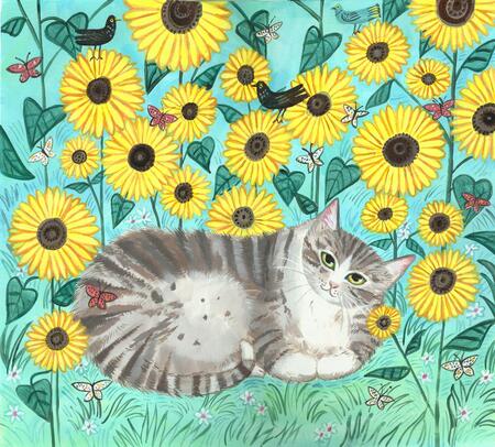 Tabby with Sunflowers