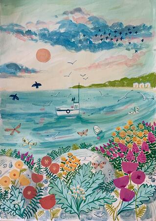 Spring flowers seascape painting 