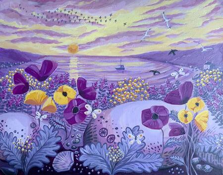 Flowers at the beach - seascape painting 