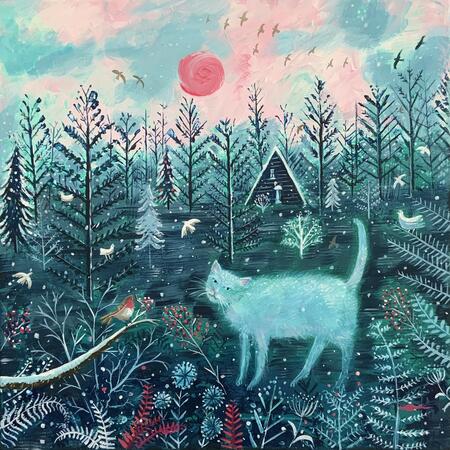 White cat in winter forest 