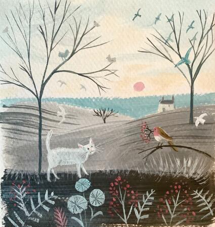 White cat with robin