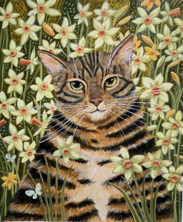 Tabby with Daffodils fine art print