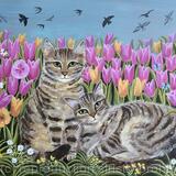 Tabbies with Tulips fine art print 
