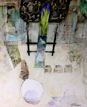 Iris Buds against a Folding Table