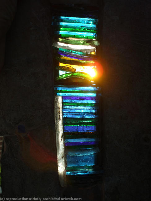 Light Blessings, Arrow-slit design stained glass window feature for exterior wall