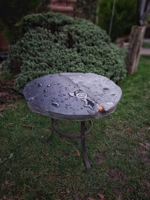Slate and glass garden table