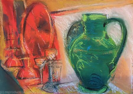 Green glass jug bronze plate