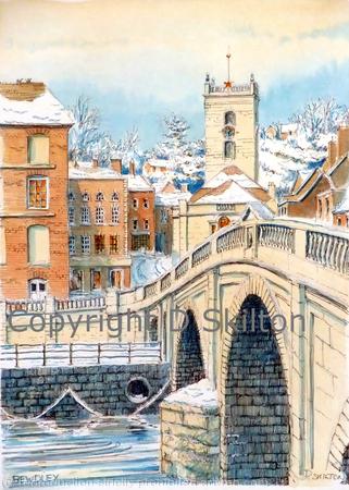 Bewdley Bridge and Church in the snow Signed a4 print on watercolour paper, unmounted.