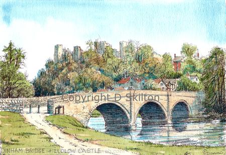 Dinham Bridge and Ludlow Castle Ludlow Shropshire Signed a4 print on watercolour paper, unmounted.