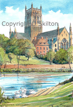 Worcester Cathedral with the River Severn,  Swans, Signed a4 print on watercolour paper, unmounted.