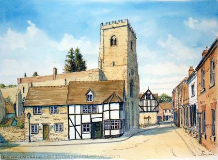 Much Wenlock Bull Ring With Holy Trinity Church Shropshire Unmounted A4 signed print .