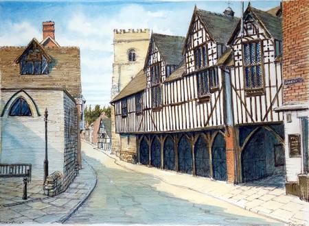 Much Wenlock Shropshire the Market hall and church tower as a signed print on a4 watercolour paper, unmounted