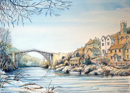 Ironbridge Shropshire winter and the River Severn as a greeting card. Prints  and postcards available.