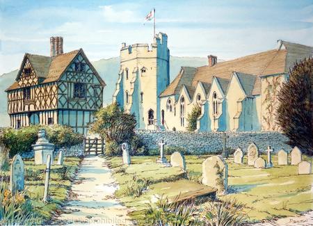 Stokesay Castle Nr Craven Arms Shropshire as a signed print on a4 watercolour paper unmounted.