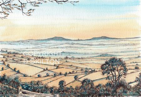 Abberley from Clee Hill at dawn, greeting card or bespoke notelet. Prints and postcards available.