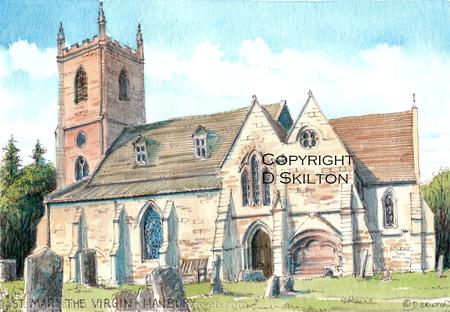 Hanbury Church St Mary The Virgin Worcestershire Signed a4 print on watercolour paper, unmounted.