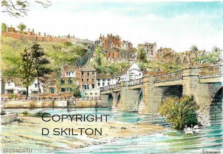Bridgnorth and The River Severn South side of the bridge. Signed a4 print on watercolour paper, unmounted.