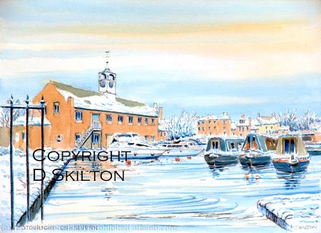 43 Stourport Canal Basin Worcestershire in winter greeting card, or notelet. printed on 6 by 4 inch  card.