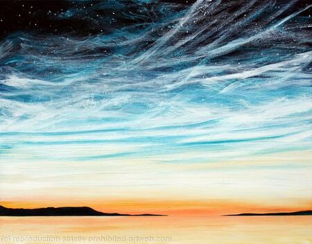 Cool sunset with noctilucent clouds and stars. Acrylic paint on stretched canvas